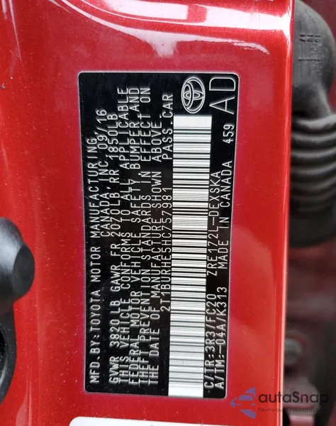 2017 Toyota Corolla L from USA, damaged, VIN 2T1BURHE5HC757981